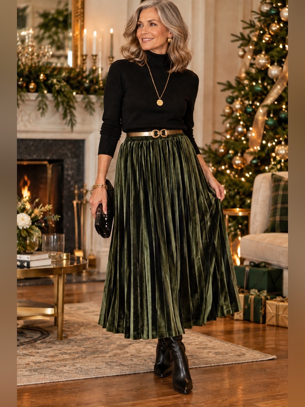 Papillon Olive Green Velvet Pleated Midi Skirt Elastic Waist L